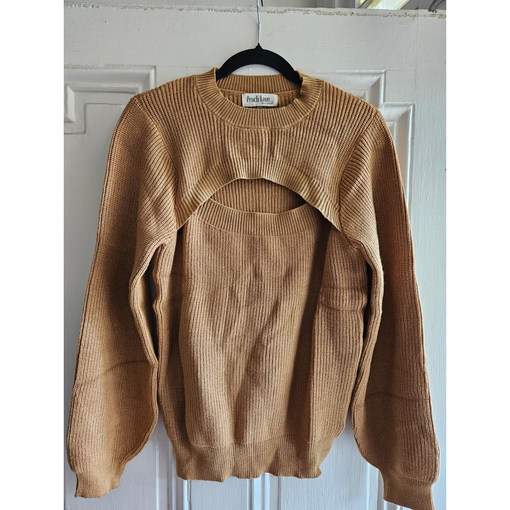Peach Love California Womens Camel Ribbed Knit Sweater with cutout